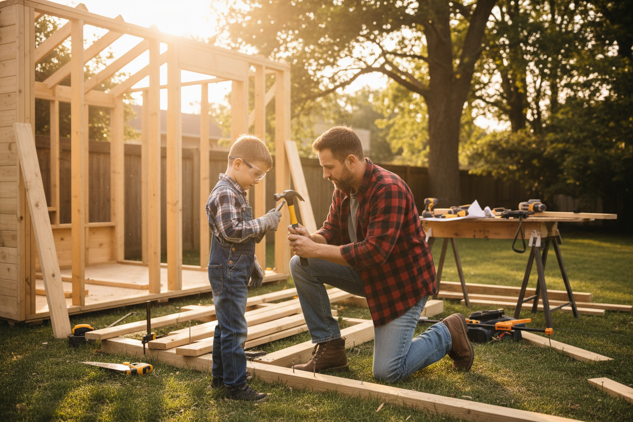 son and father building shed together