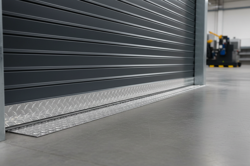 roll up door with diamond plate threshold flat to ground