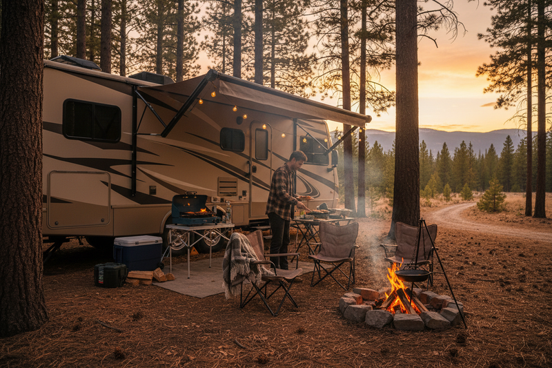 RV cooking near campfire