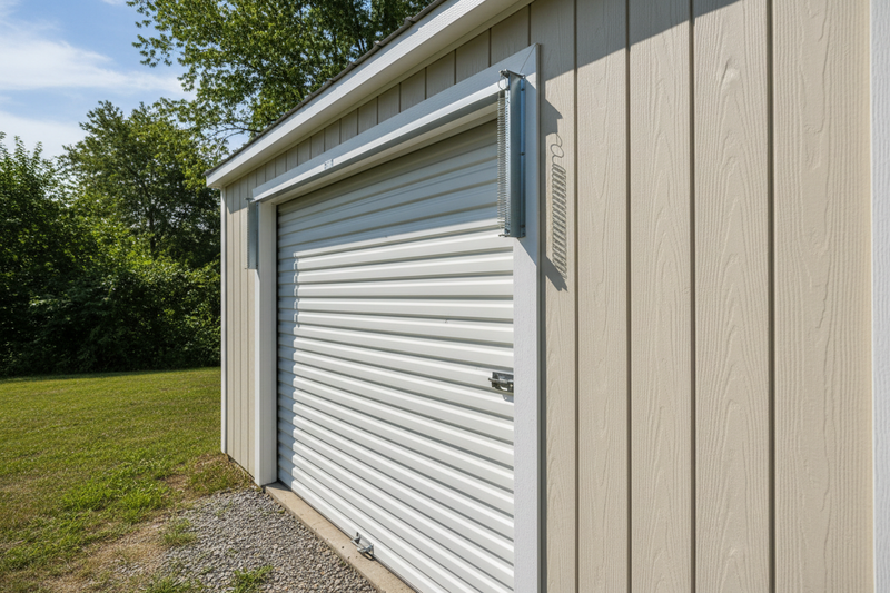 White Roll-up door installed on shed side view