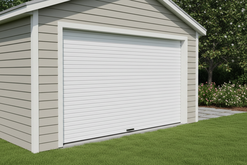 White Roll-up door installed on shed