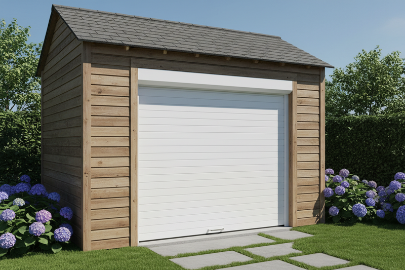 White Roll-up door installed on shed